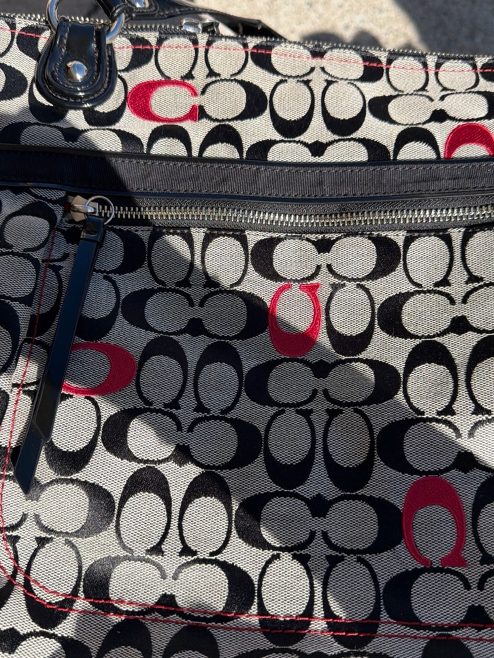 Coach Signature Jacquard Tote in Black, Ivory & Red Accents